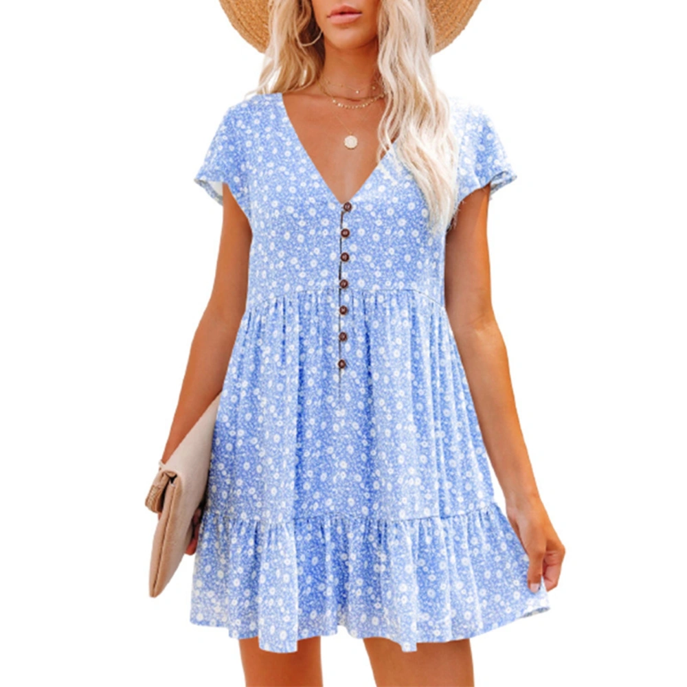 Women Short Sleeve V Neck Dress Button Front Floral Print Summer Loose Casual Swing Dress Blue S