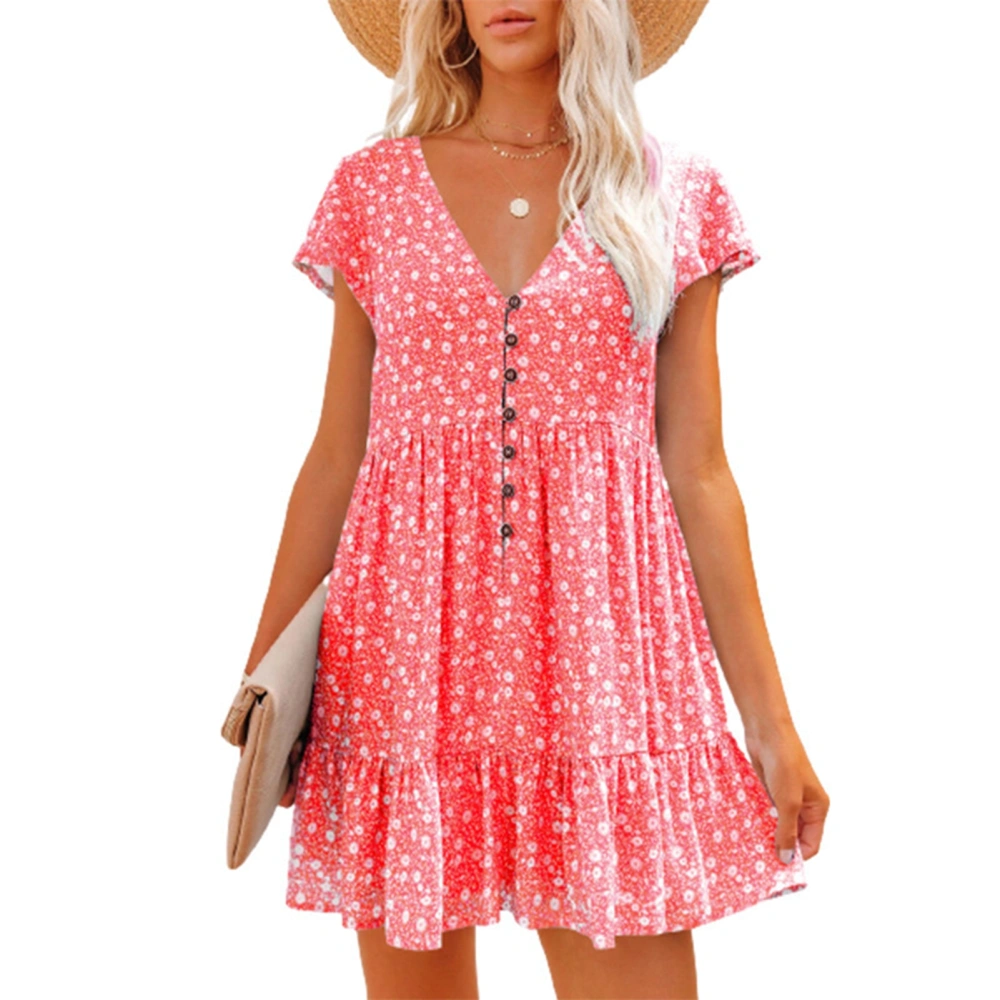 Women Short Sleeve V Neck Dress Button Front Floral Print Summer Loose Casual Swing Dress Red M