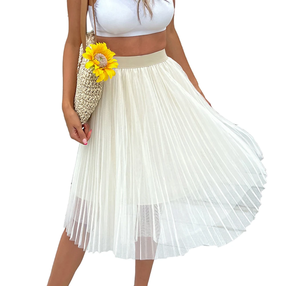 Mid Length Skirt Elastic High Waist Pure Color Pleated Breathable Women Mesh Skirt for Party Dating Daily Apricot XXL