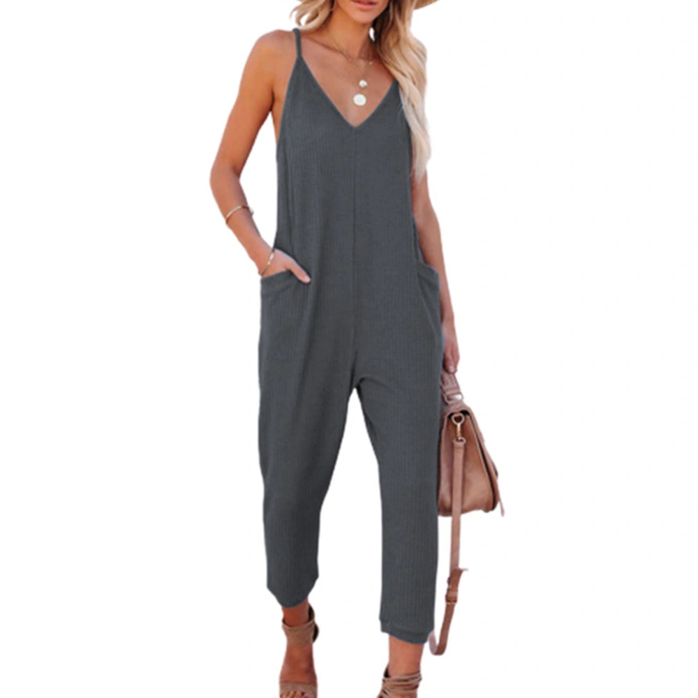 Loose Sleeveless Jumpsuit Spaghetti Strap Waffle V Neck Long Pants Playsuit with Side Pocket for Lady XXL Dark Gray