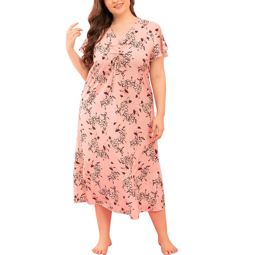 Nightdress Printed Short Sleeve V Neck Long Large Sized Women Clothing Night Skirt Light Pink Flowers XXL