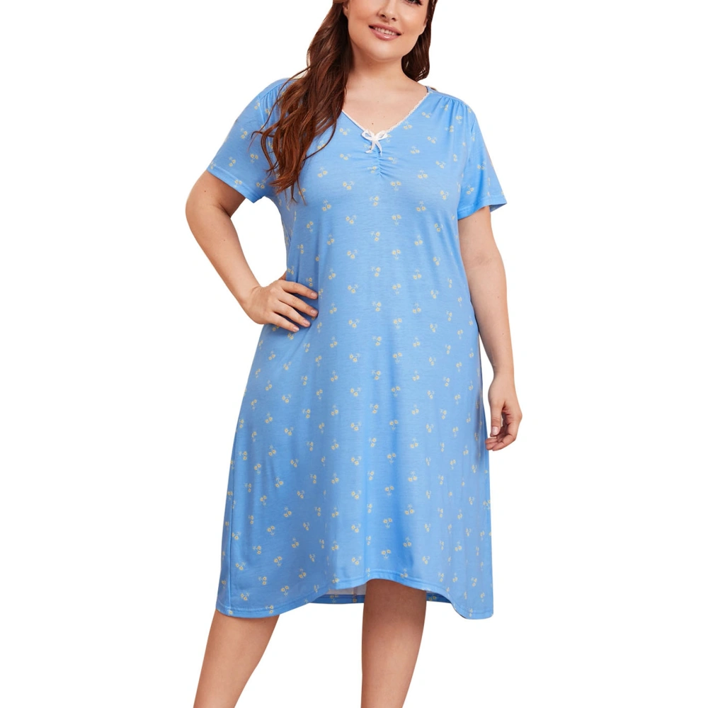 Women Short Sleeve Nightgown V Neck Front Ruched Bow Decoration Print Nightdress Loose Comfortable Sleepwear Light Blue with Daisy Pattern 3XL