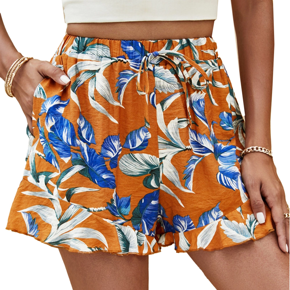 Women Beach Print Shorts Ruffle Casual Loose Women Summer Floral Beach Shorts for Vacation Holiday Orange M