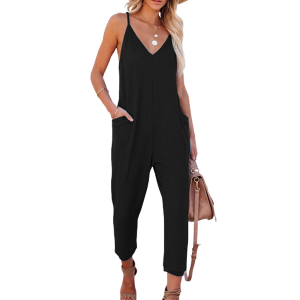 Loose Sleeveless Jumpsuit Spaghetti Strap Waffle V Neck Long Pants Playsuit with Side Pocket for Lady XXL Black