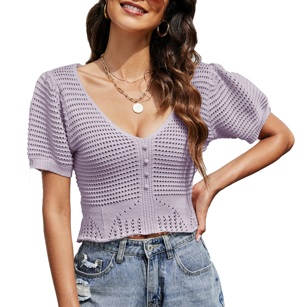 Women Knit Hollow Out Top Short Puff Sleeve Backless V Neck Fashion Knit Top for Daily Party Work Light Purple XL