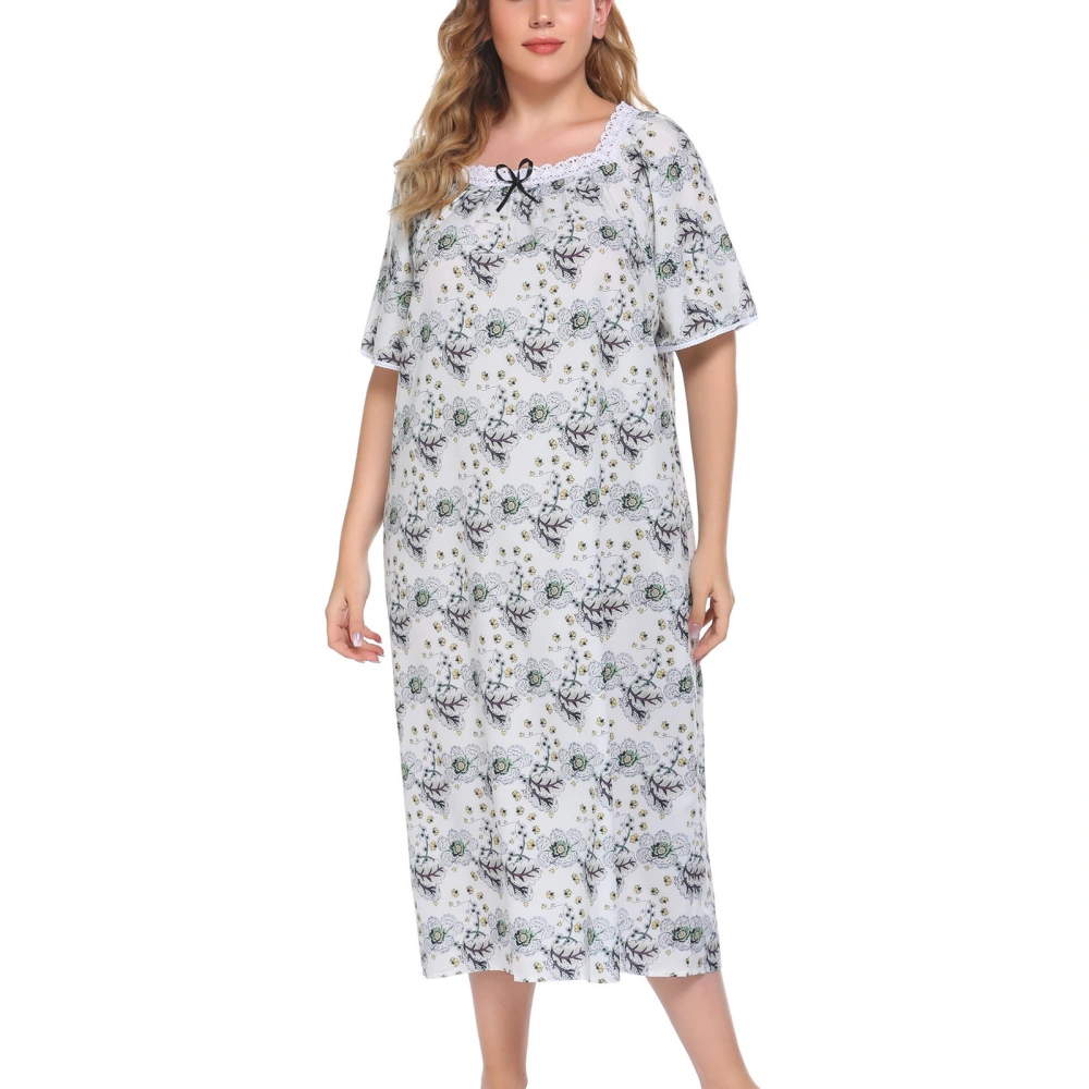 Oversized Nightdress Lace Trim Floral Print Short Sleeve Mid Length Nightgown for Home Vacation Light Gray Green Background Green Gray Flower Leaves XXL