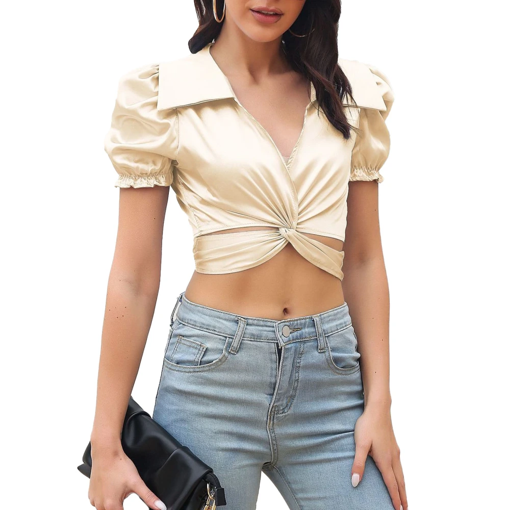 Tie Up Back Short Top Crossover Front Turn Down Collar Pure Color Satin Short Puff Sleeve Tie Back Blouse Champagne S