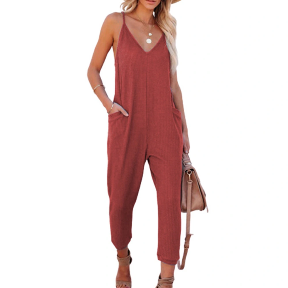 Loose Sleeveless Jumpsuit Spaghetti Strap Waffle V Neck Long Pants Playsuit with Side Pocket for Lady XL Red