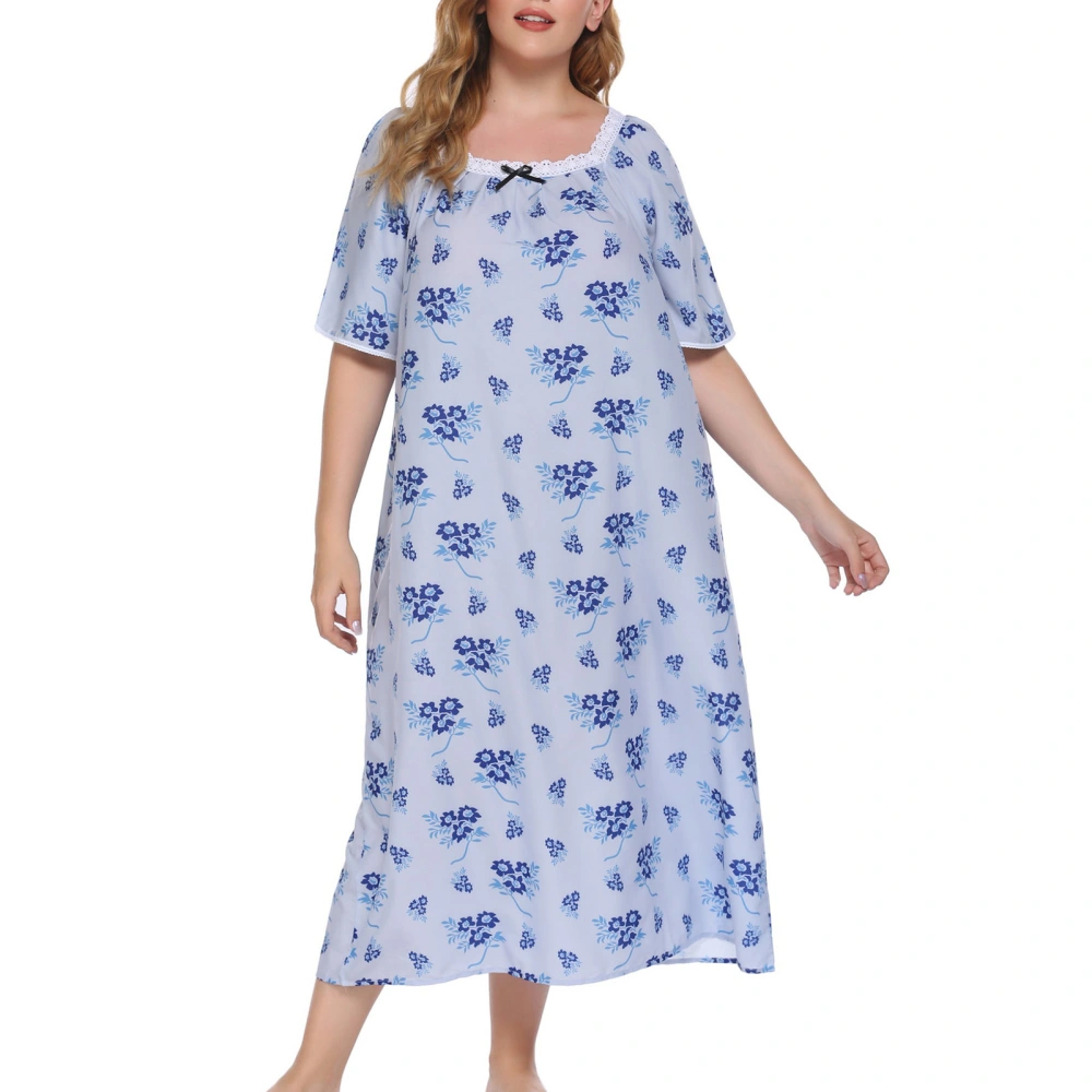 Oversized Nightdress Lace Trim Floral Print Short Sleeve Mid Length Nightgown for Home Vacation Light Blue Background Dark Blue Flowers XL