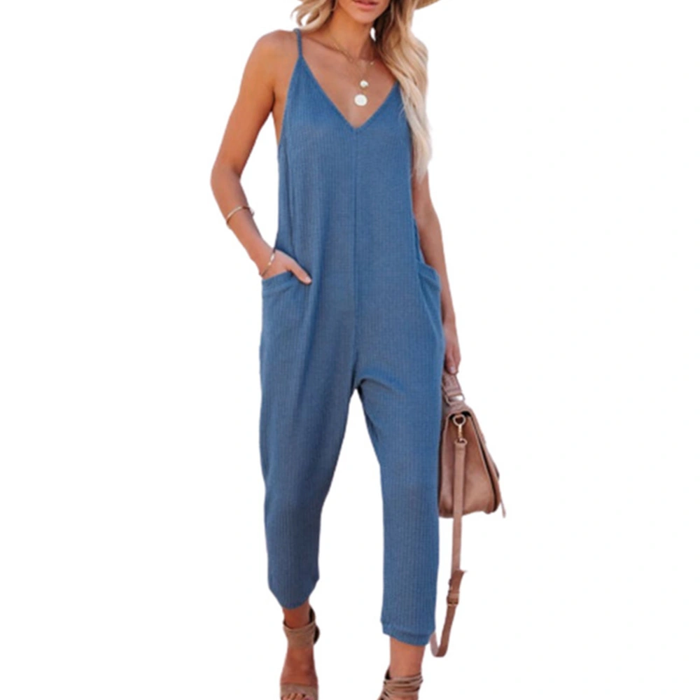 Loose Sleeveless Jumpsuit Spaghetti Strap Waffle V Neck Long Pants Playsuit with Side Pocket for Lady XXL Blue