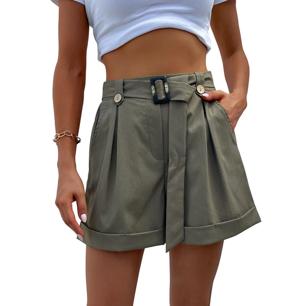 Women Shorts Waist Tie Button Decoration Casual Fashionable Summer Hiking Shorts with Pockets and Belt OD Green L