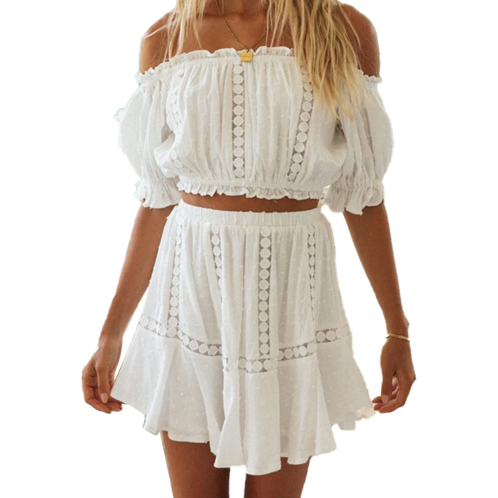 2 Piece Off Shoulder Skirt Set Lantern Sleeve Stretchy Frill Trim Tank Top Mini Skirt for Beach Summer White L