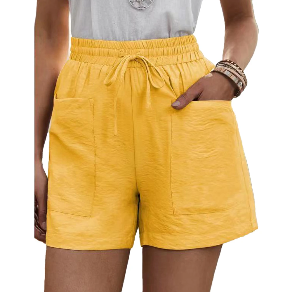 Women Drawstring Shorts High Waist Casual Loose Wide Leg Lace Up Shorts with Pockets for Summer Yellow XXL