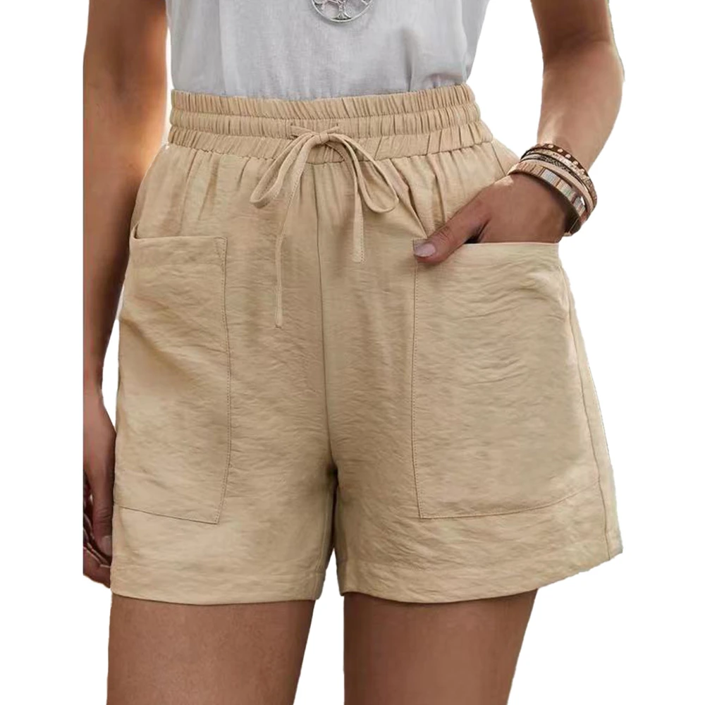 Women Drawstring Shorts High Waist Casual Loose Wide Leg Lace Up Shorts with Pockets for Summer Apricot XL