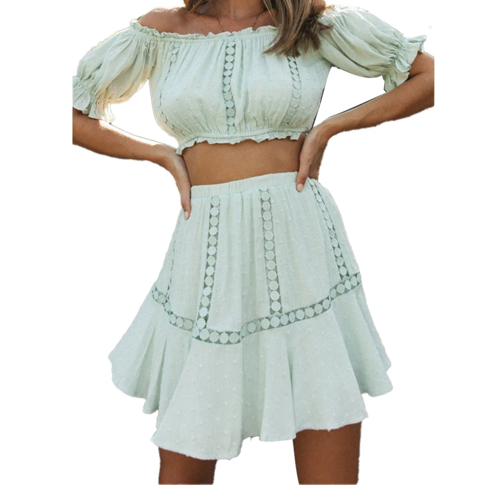 2 Piece Off Shoulder Skirt Set Lantern Sleeve Stretchy Frill Trim Tank Top Mini Skirt for Beach Summer Light Blue M