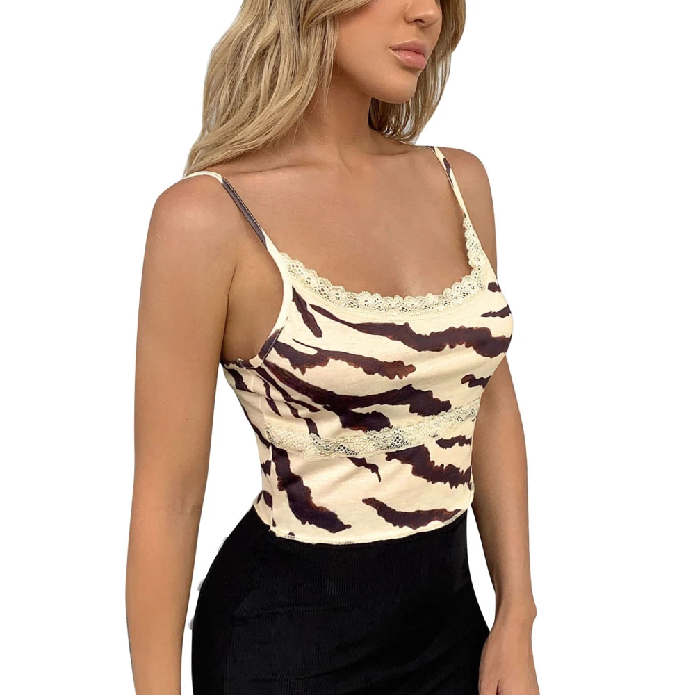 Women Spaghetti Strap Tank Top Printed Attractive Lace Neck Waist Elegant Female Sleeveless Vest Coffee Color L