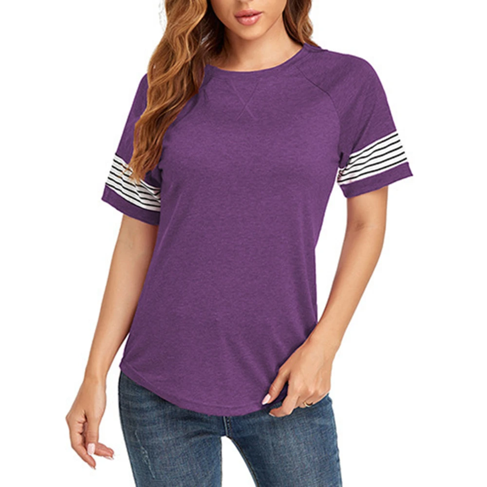 Color Block Summer Blouse Crewneck Short Sleeve Loose Casual Striped Pachwork Summer Top for Women Purple M