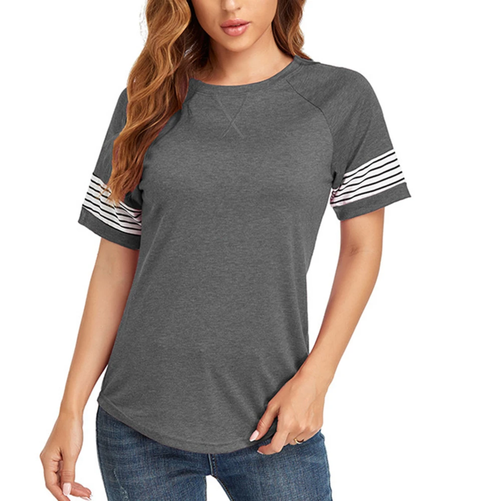 Color Block Summer Blouse Crewneck Short Sleeve Loose Casual Striped Pachwork Summer Top for Women Grey XXL