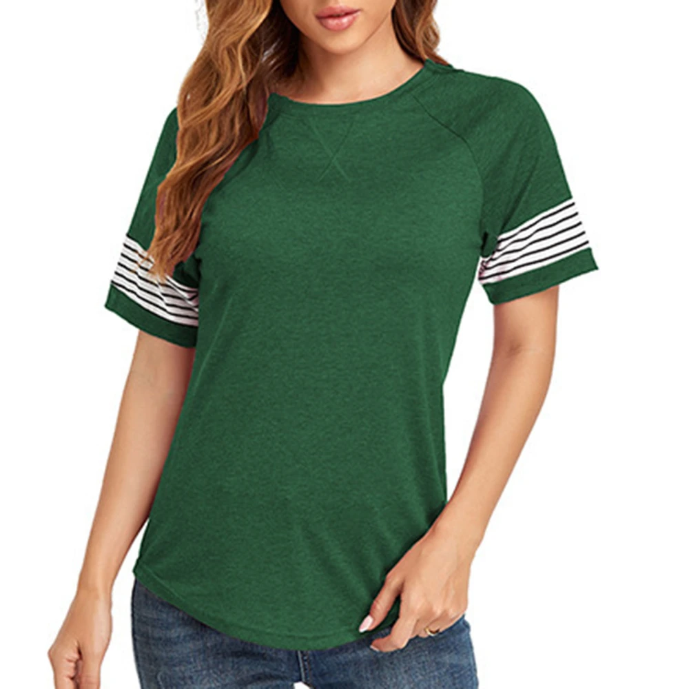 Color Block Summer Blouse Crewneck Short Sleeve Loose Casual Striped Pachwork Summer Top for Women Blackish Green XXL