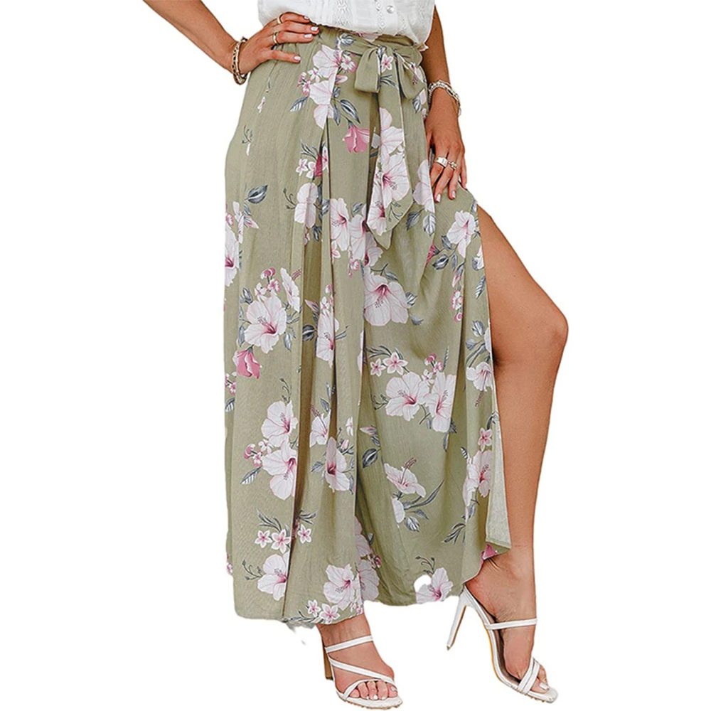 Women High Waist Pants Split Thigh Wide Leg Pleated Pant Belted Printed Bow Drawstring Pants Apricot Flower XXL