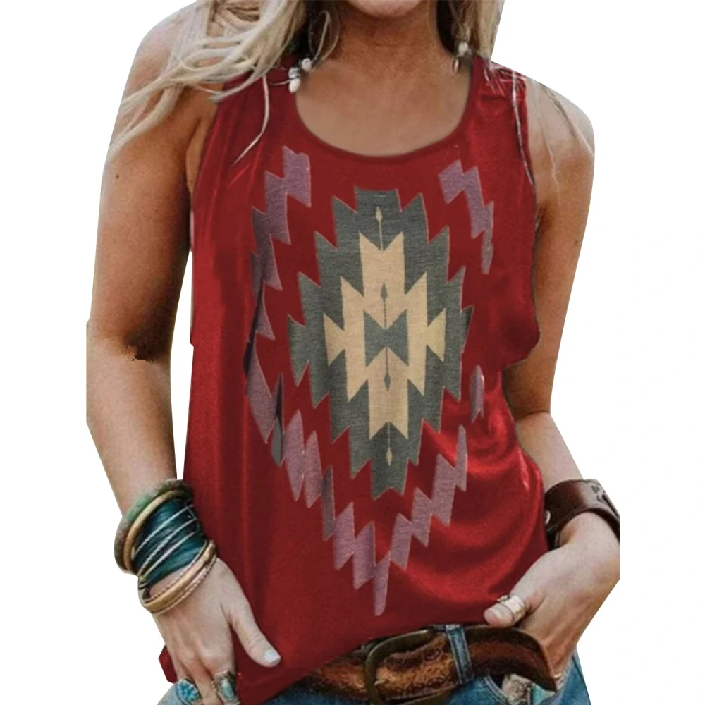 Women Tank Top Round Neck Stylish Printing Wide Shoulder Strap Loose Fitting Summer Sleeveless Vest Red S