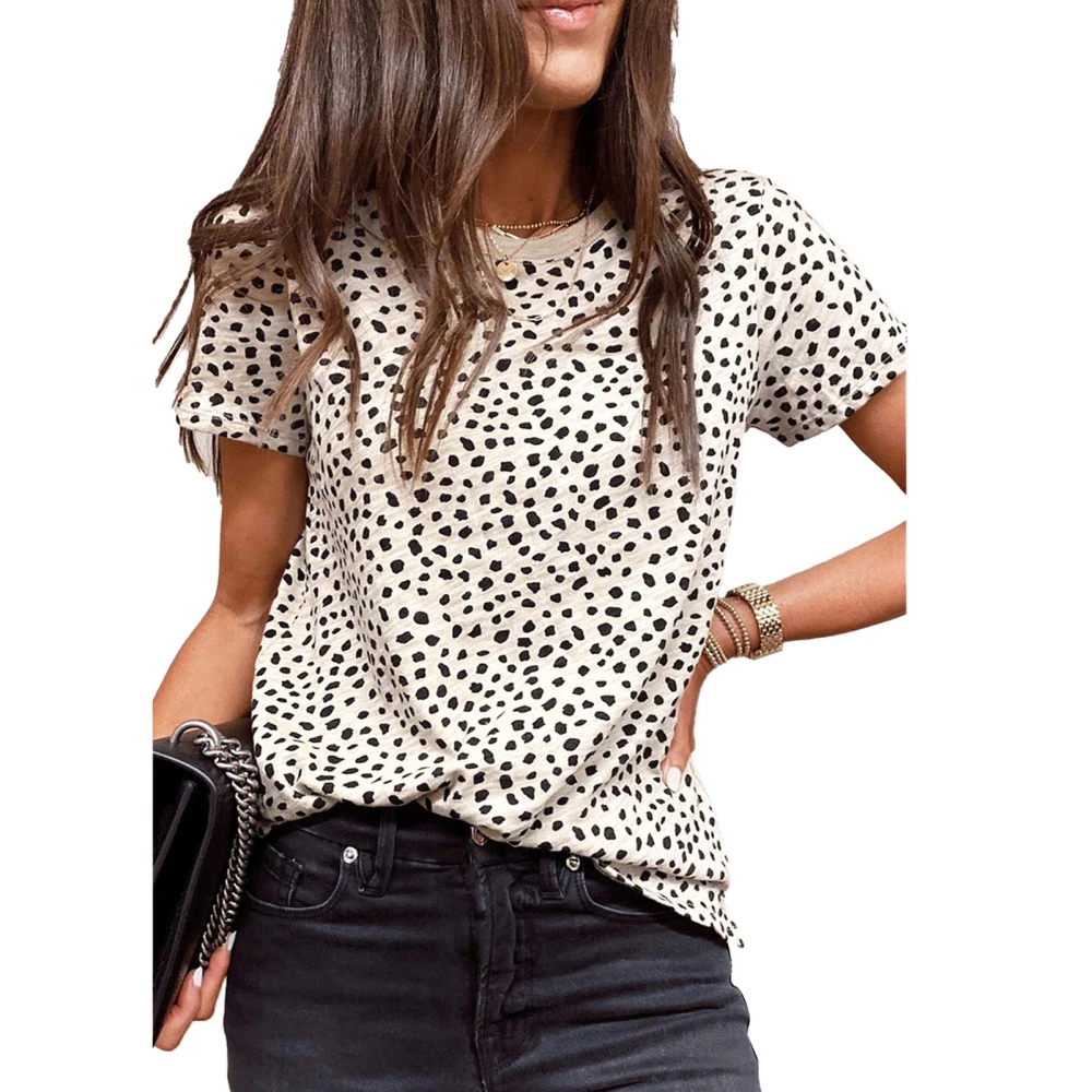 Women Leopard Dot Print Shirt Short Sleeve Round Neck Loose Casual Women Pullover T Shirt for Daily Work Party Apricot XXL