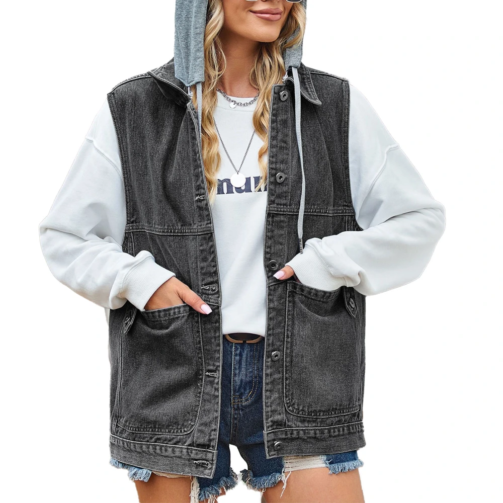 Women Pure Color Denim Vest with Detachable Hood Casual Plain Color Female Hooded Denim Vest Black Gray XL