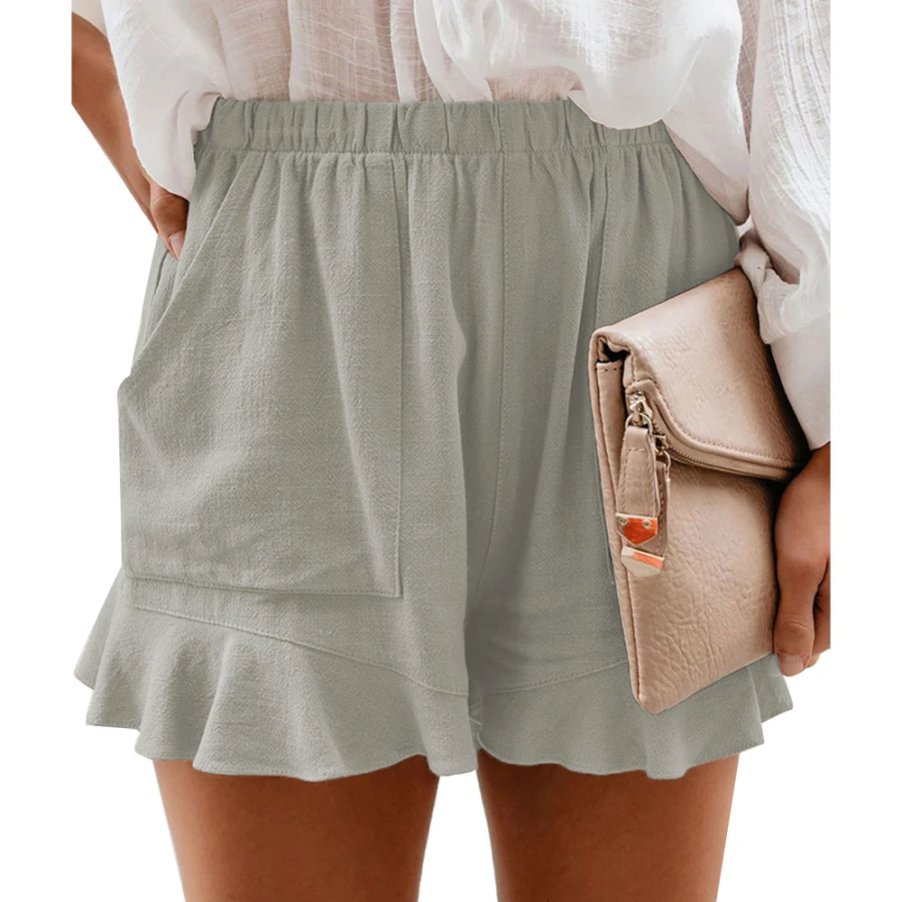 High Waisted Shorts Elastic Pleated Loose Straight Solid Color Polyester Women Clothing Gray L