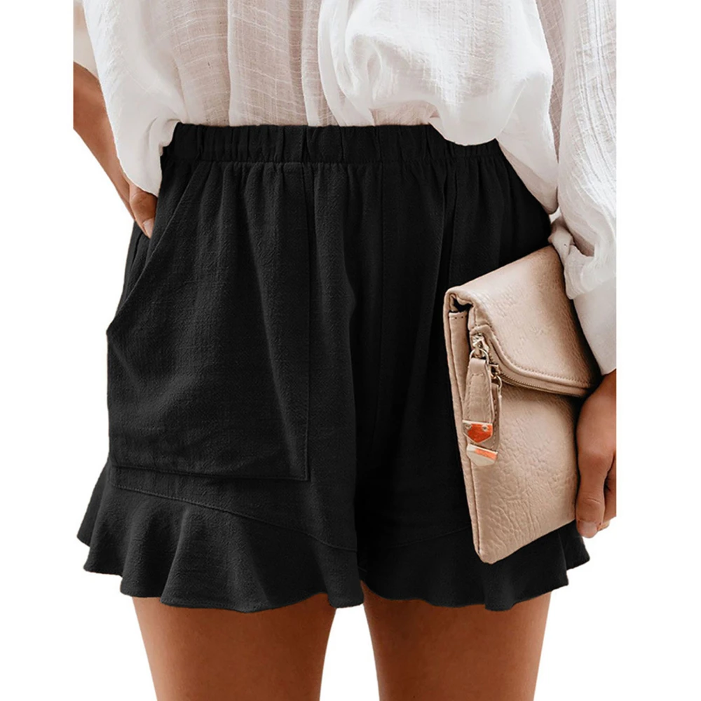 High Waisted Shorts Elastic Pleated Loose Straight Solid Color Polyester Women Clothing Black XL