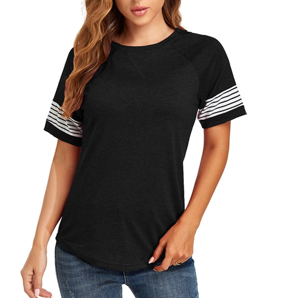 Color Block Summer Blouse Crewneck Short Sleeve Loose Casual Striped Pachwork Summer Top for Women Black S