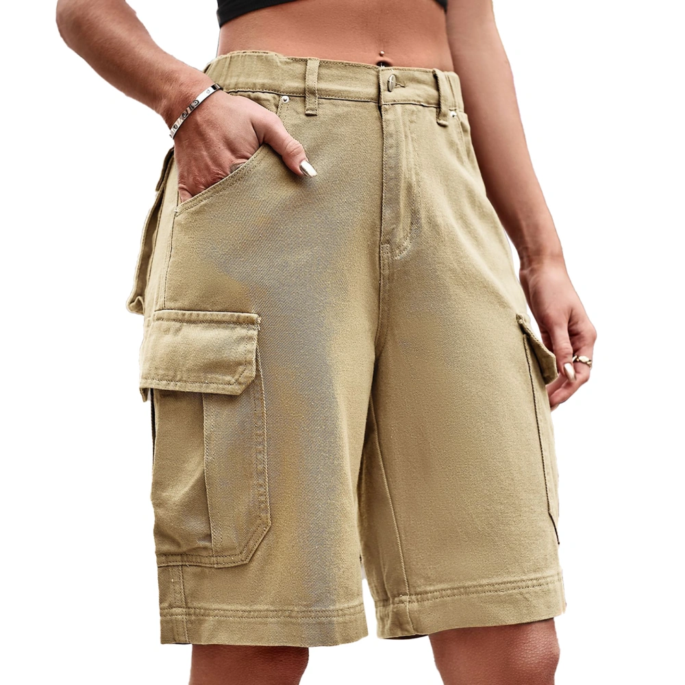 Womens Elastic Waist Shorts Summer Fashionable Loose Women Casual Denim Shorts with Pockets for Daily Work Travel Khaki Yellow M