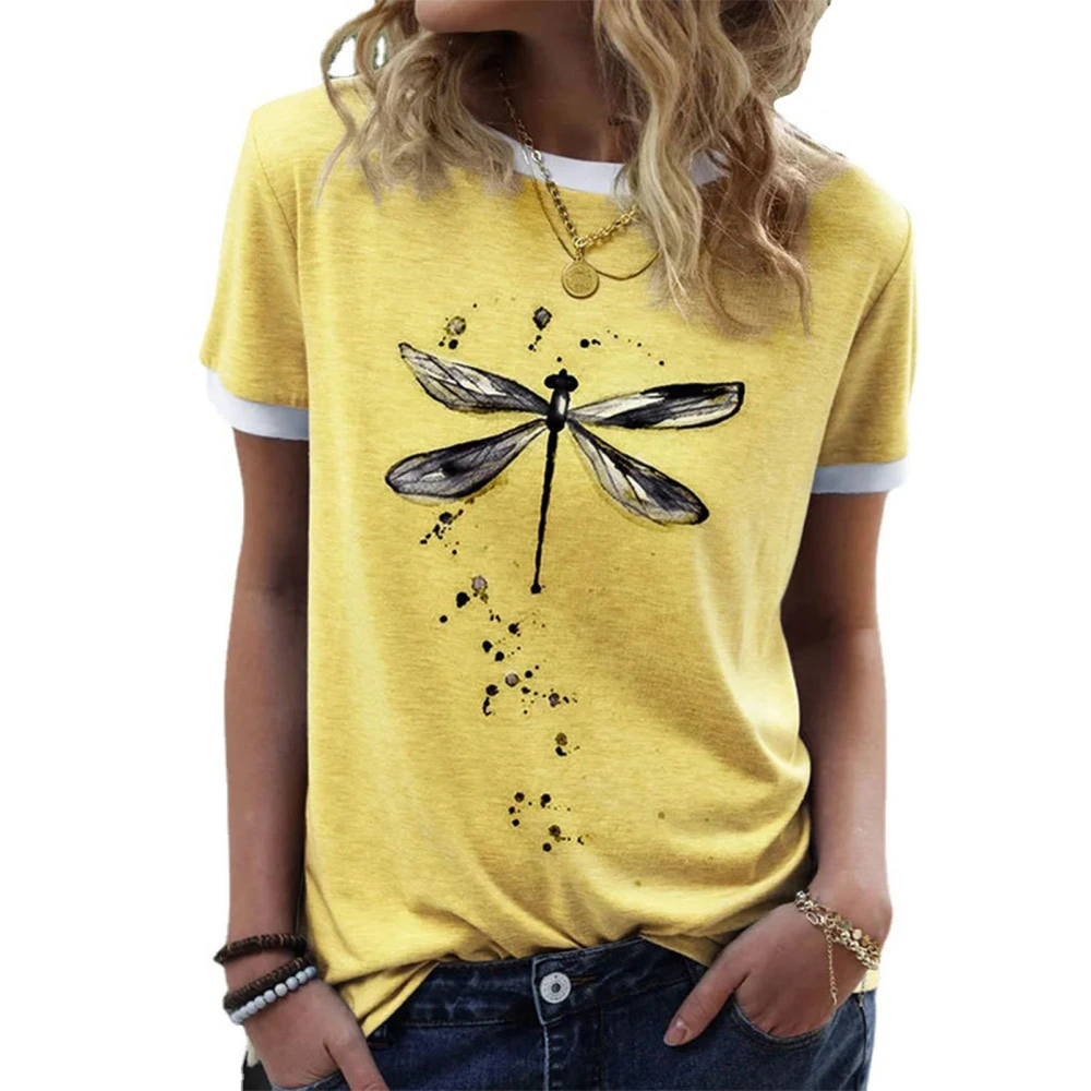 Women Print Short Sleeve Shirt Round Neck Comfortable Breathable Skin Friendly Casual Blouse for Summer Yellow XXL