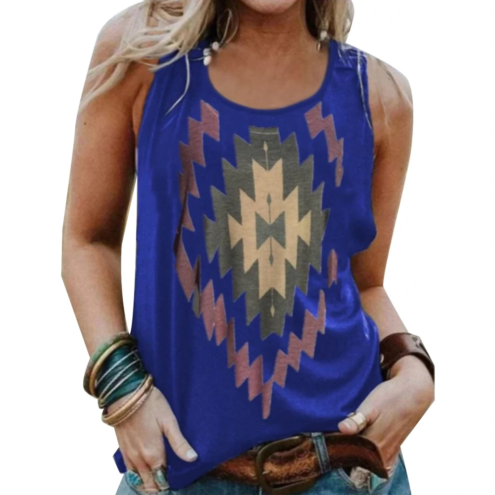 Women Tank Top Round Neck Stylish Printing Wide Shoulder Strap Loose Fitting Summer Sleeveless Vest Blue XL