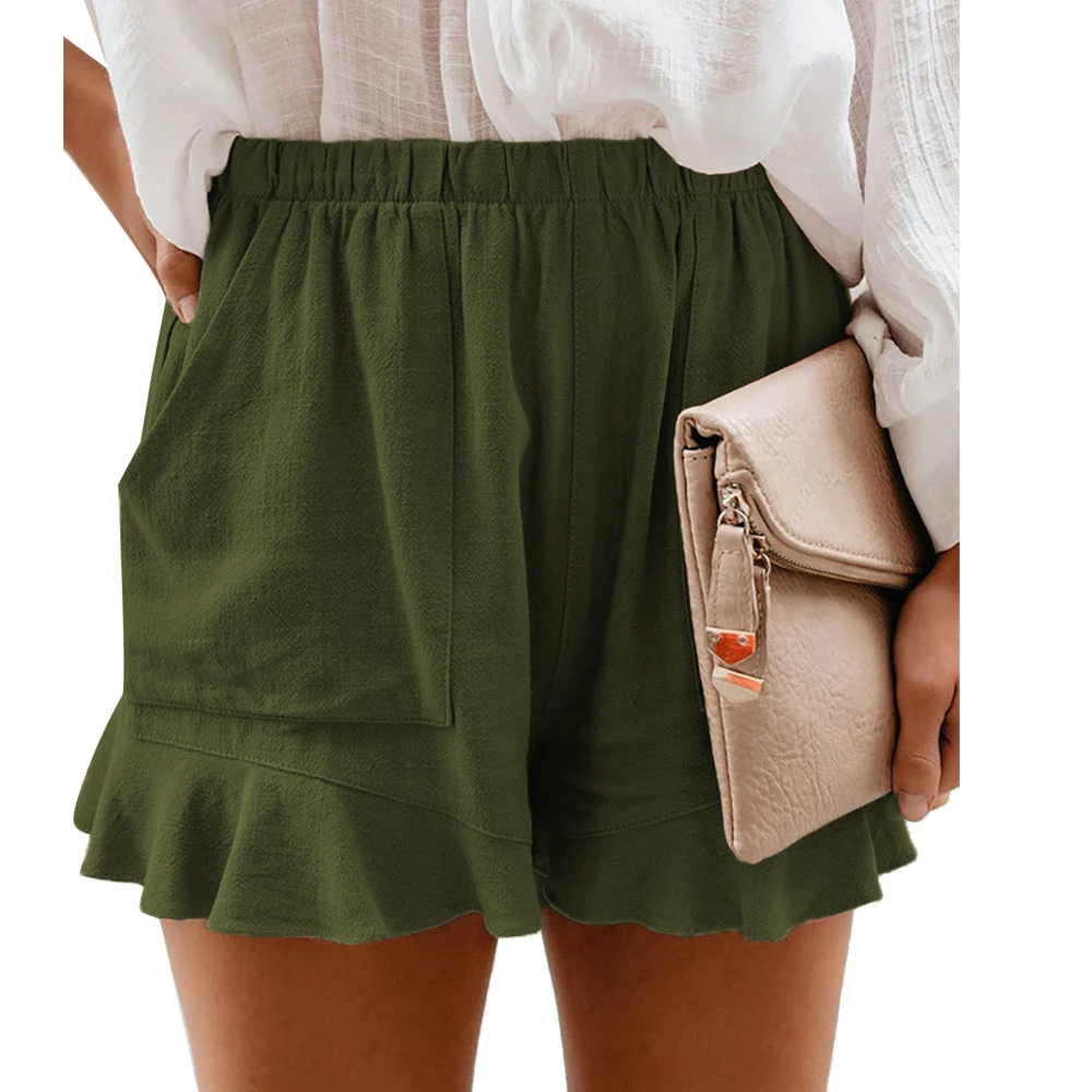 High Waisted Shorts Elastic Pleated Loose Straight Solid Color Polyester Women Clothing OD Green S