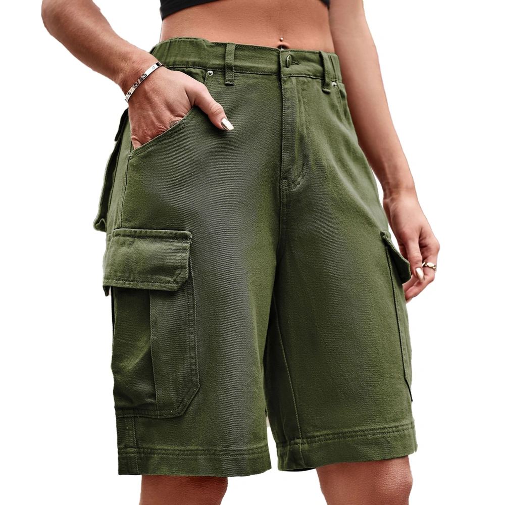 Womens Elastic Waist Shorts Summer Fashionable Loose Women Casual Denim Shorts with Pockets for Daily Work Travel OD Green XXL