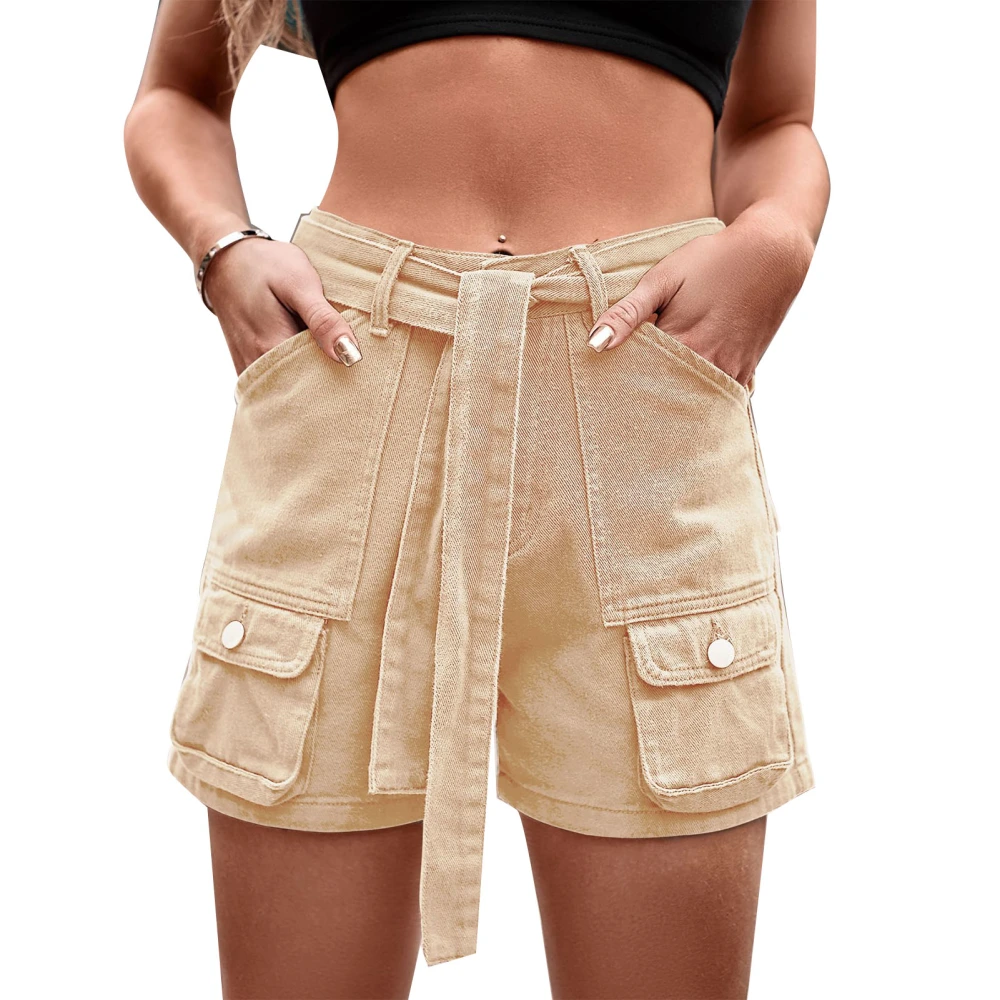 Women Denim Shorts Loose Casual Fashionable Pure Color Belted Shorts with Pockets for Shopping Dating Light Khaki M