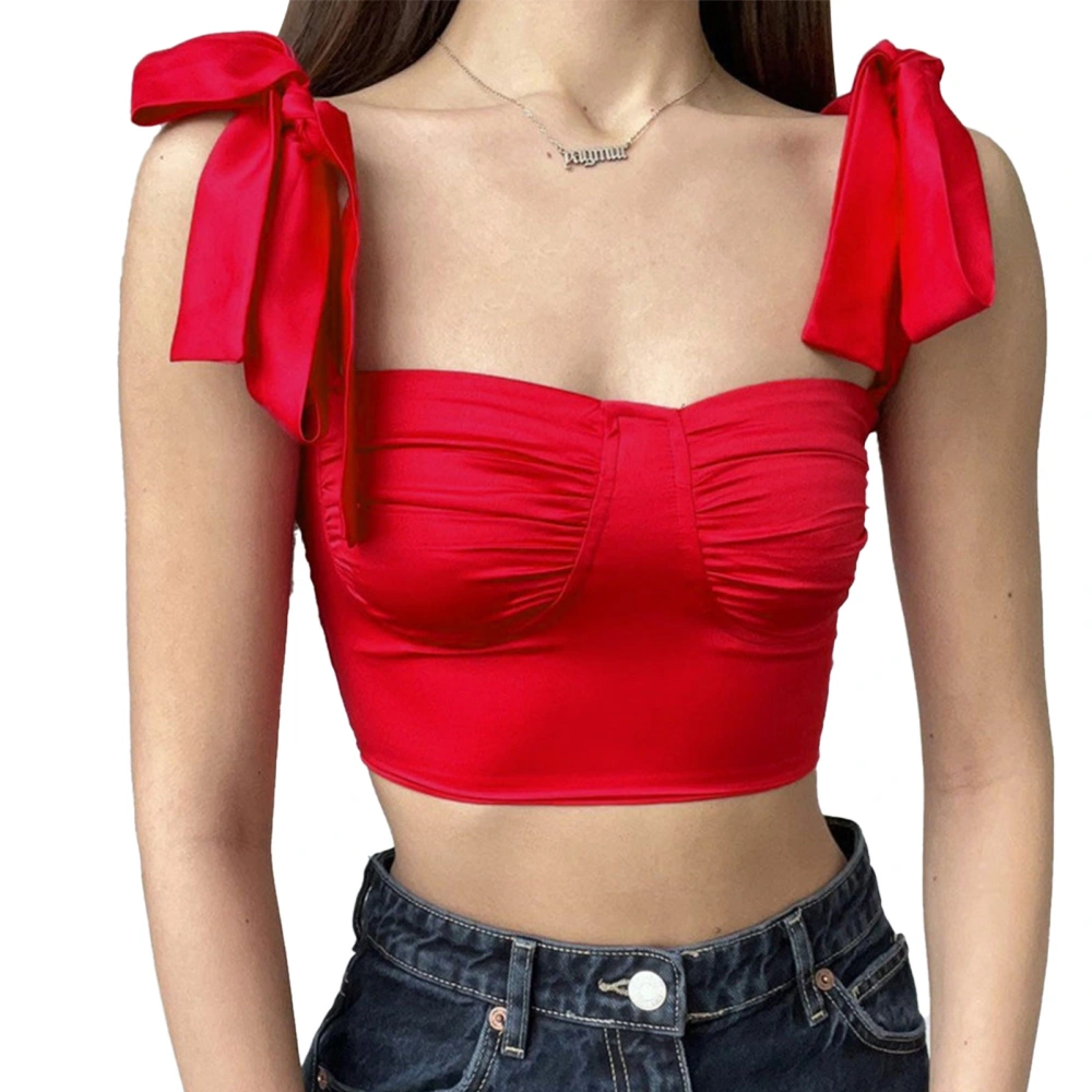 Women Strap Tank Top Pure Color Adjustable Breathable Skin Friendly Sleeveless Short Top for Beach Party Red M