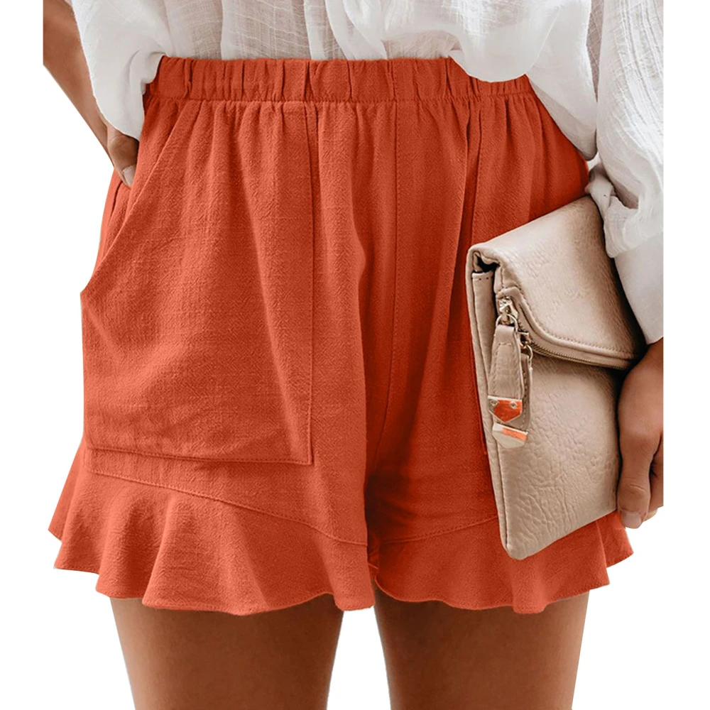 High Waisted Shorts Elastic Pleated Loose Straight Solid Color Polyester Women Clothing Orange S