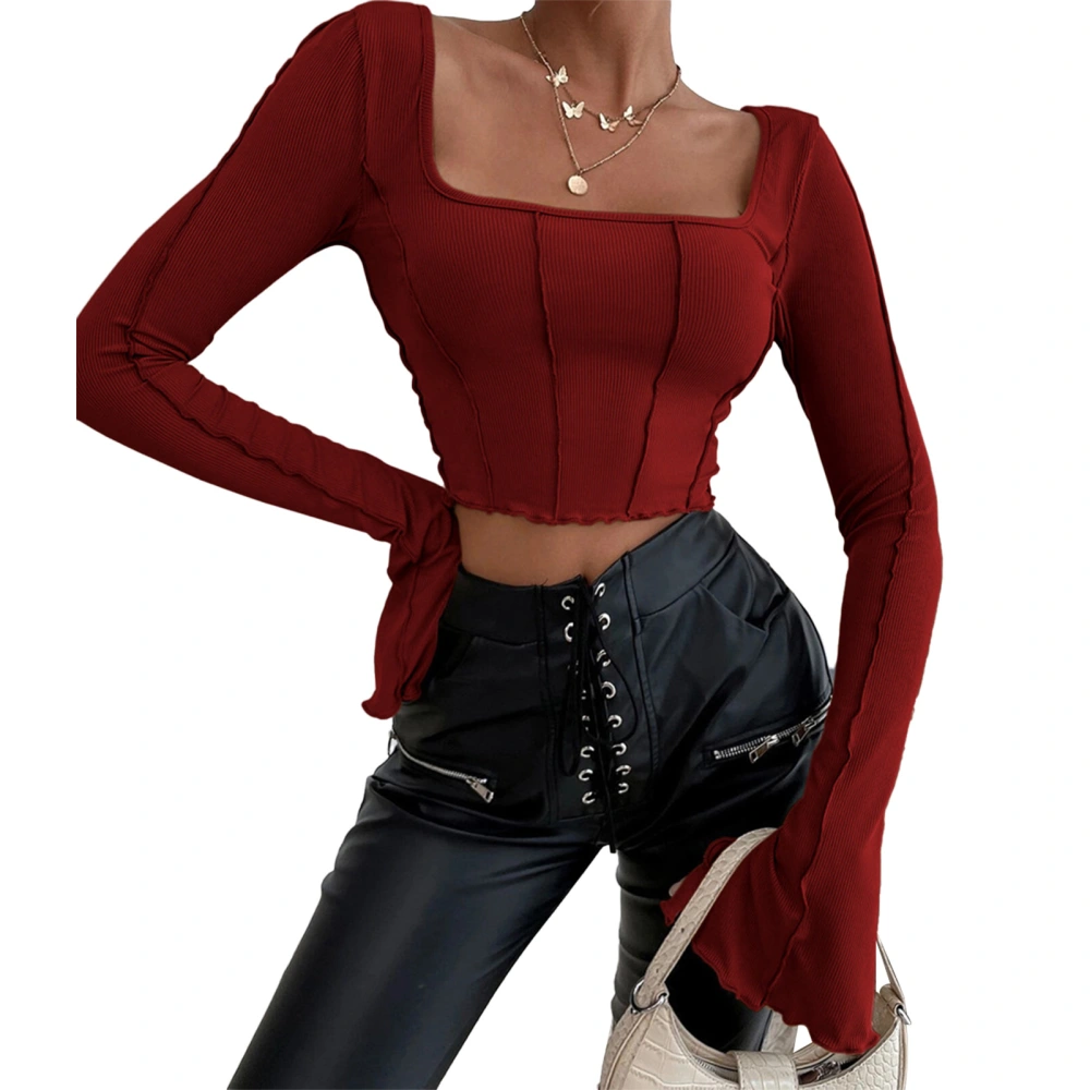 Women Top Long Sleeve Contrast Stitch Slim Fitted Tie Back Pure Color Ribbed Knit Pullover T Shirt Wine Red XL