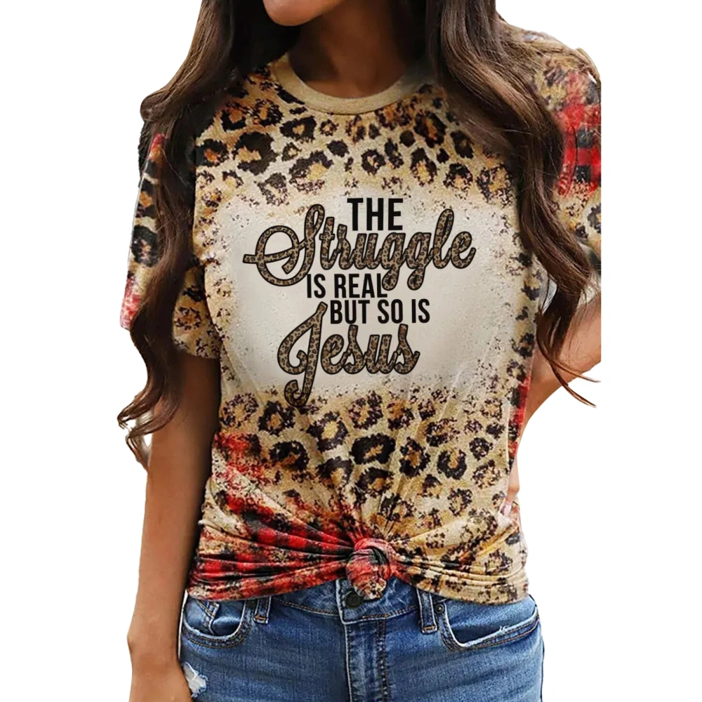 Women Leopard Print Top Short Sleeve Crew Neck Loose Fitted Casual Fashionable Pullover T Shirt Type C XL