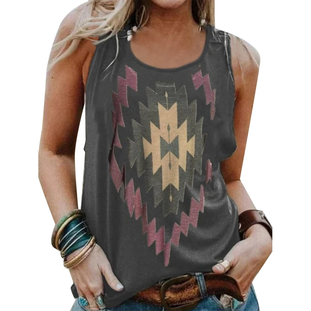 Women Tank Top Round Neck Stylish Printing Wide Shoulder Strap Loose Fitting Summer Sleeveless Vest Grey XXL