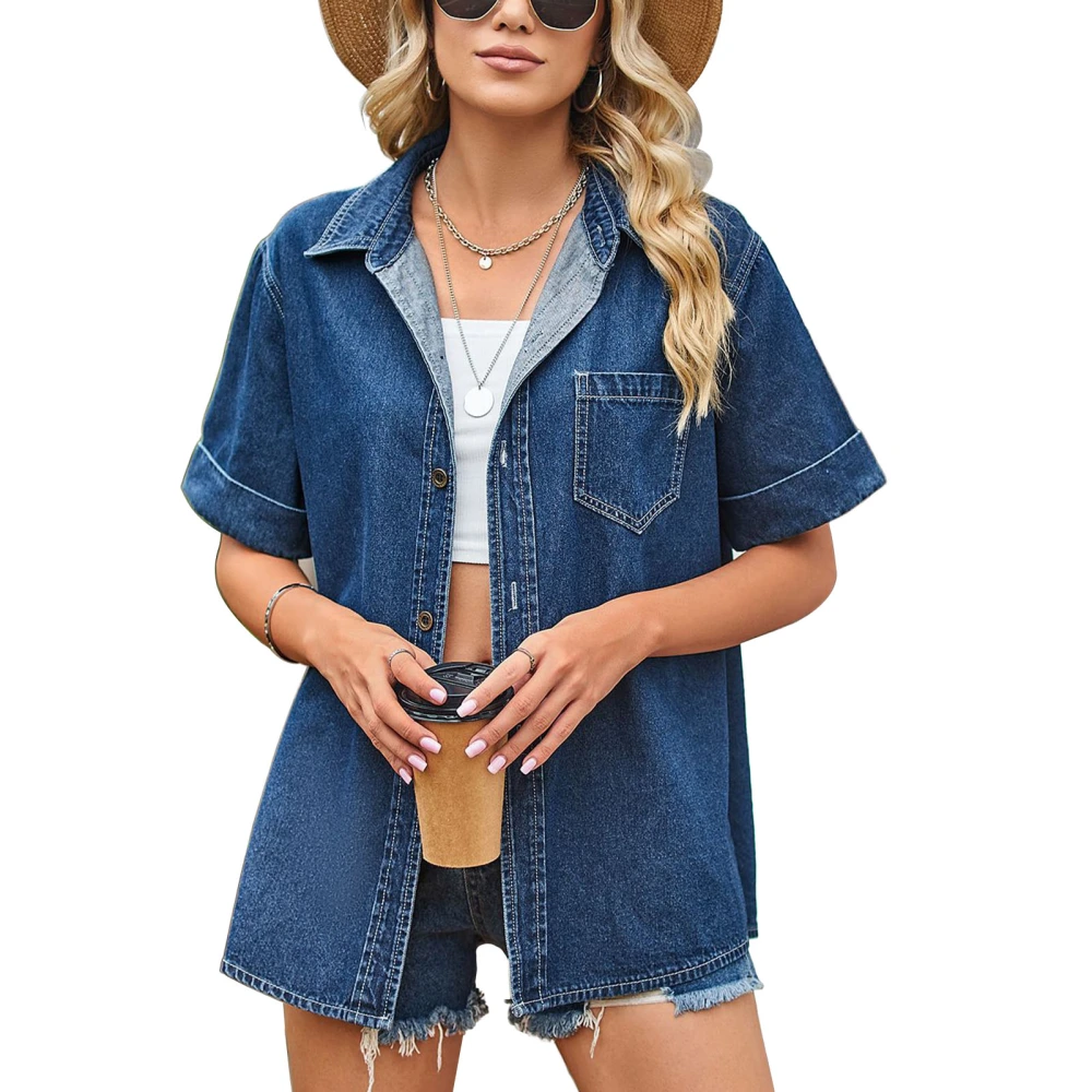 Denim Short Sleeve Shirt All Matching Slim Thin Casual Polyester Women Top Turndown Collar Dark Blue M