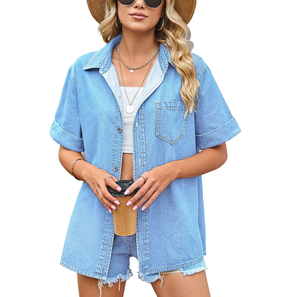 Denim Short Sleeve Shirt All Matching Slim Thin Casual Polyester Women Top Turndown Collar Light Blue S