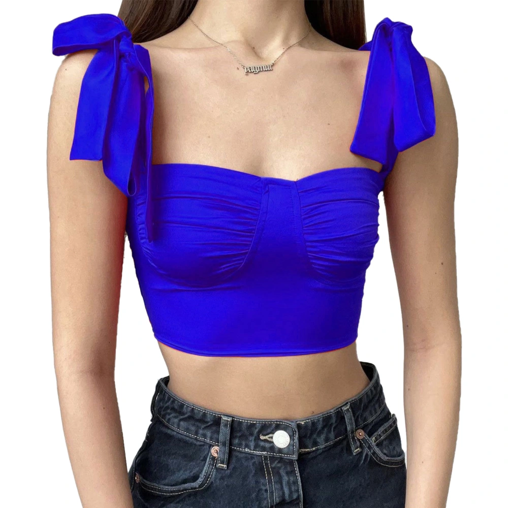 Women Strap Tank Top Pure Color Adjustable Breathable Skin Friendly Sleeveless Short Top for Beach Party Blue XL