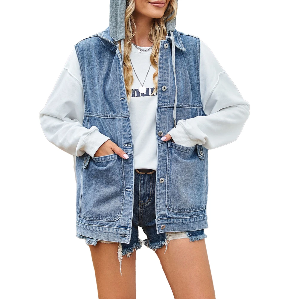 Women Pure Color Denim Vest with Detachable Hood Casual Plain Color Female Hooded Denim Vest Blue XL