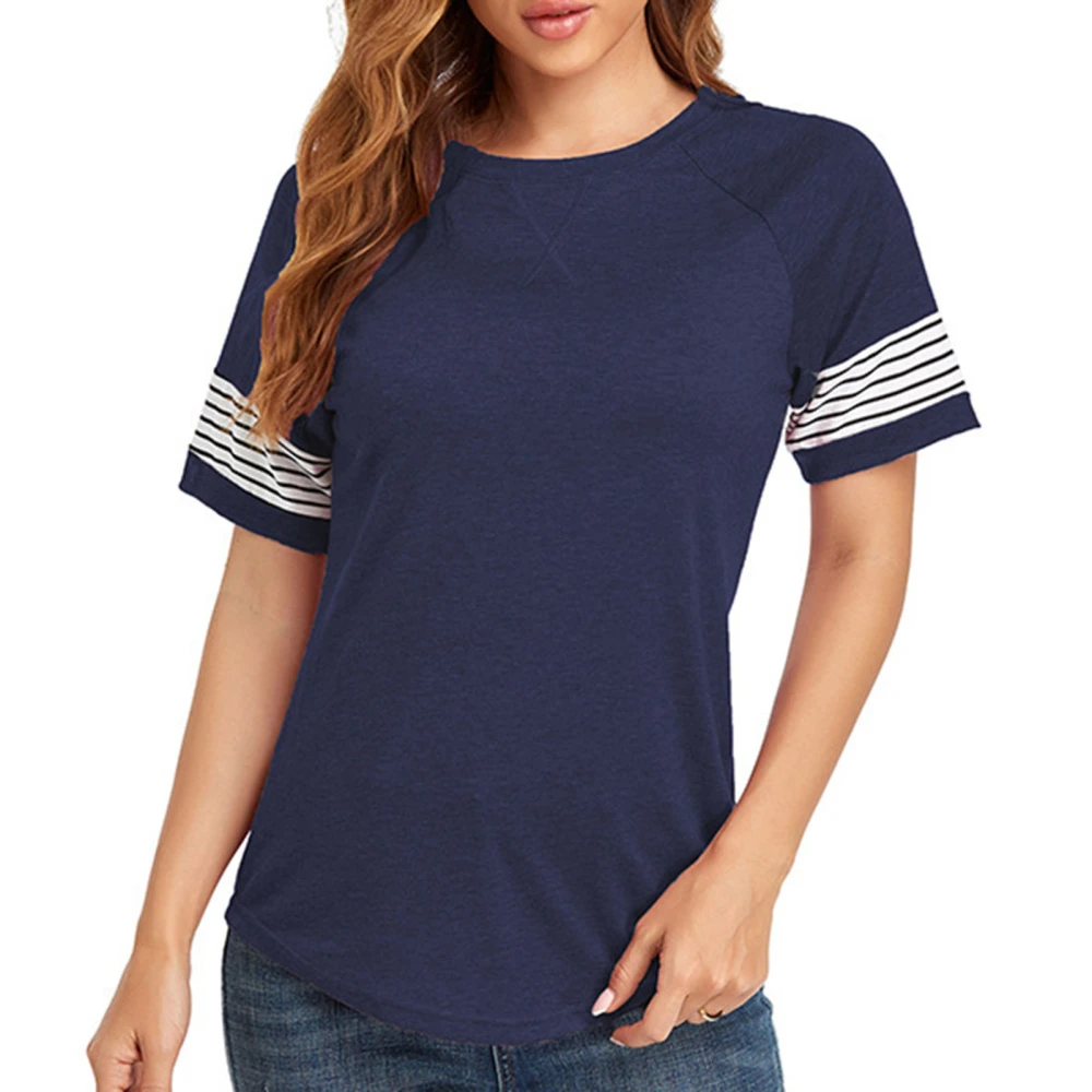 Color Block Summer Blouse Crewneck Short Sleeve Loose Casual Striped Pachwork Summer Top for Women Dark Blue M