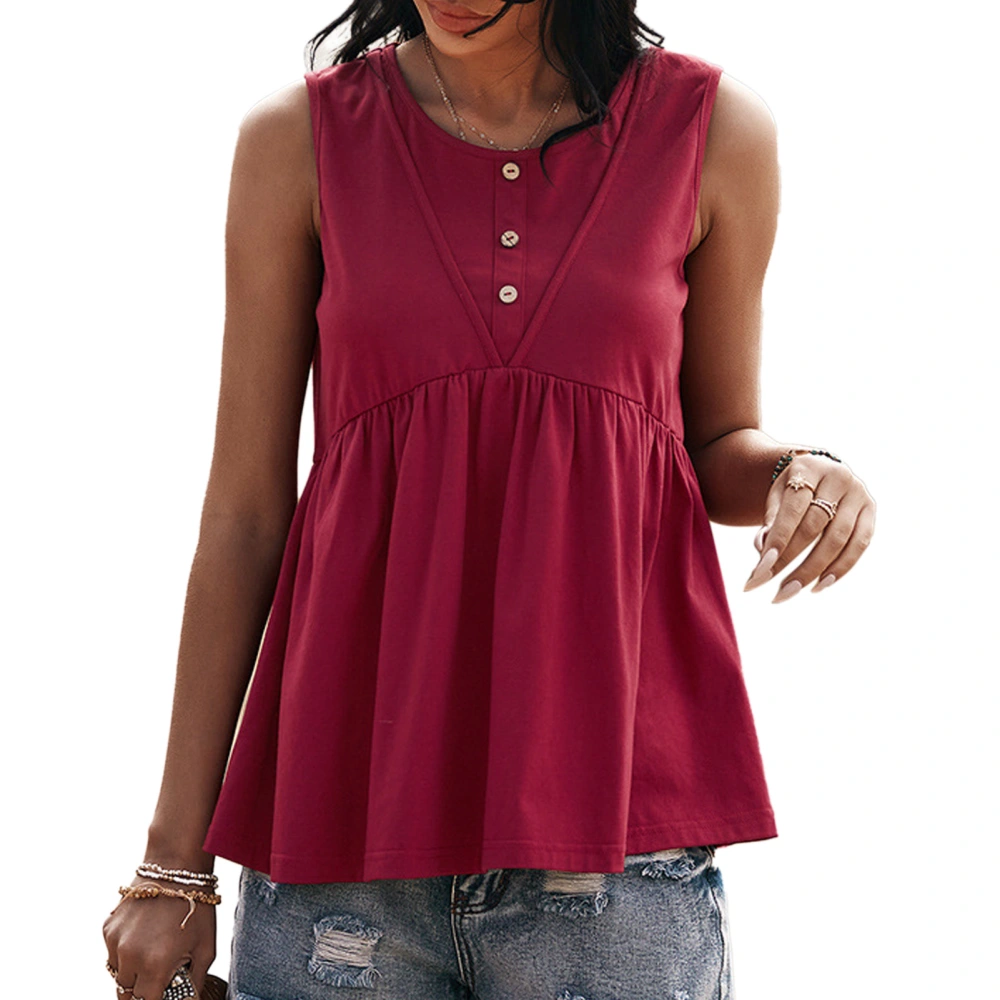 Women Tank Top Ruffle Hem Flowy Loose Fitting Button Front Pure Color Back Cut Out Sleeveless T Shirt Wine Red M