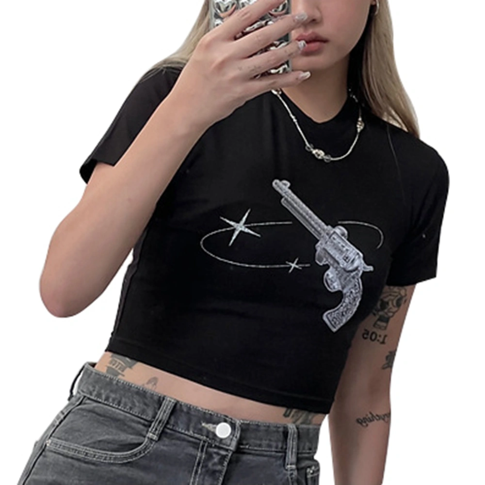 Short Sleeve Crewneck T Shirt Women Soft Casual Fashionable Slim Fit Print Short Top for Shopping Black M