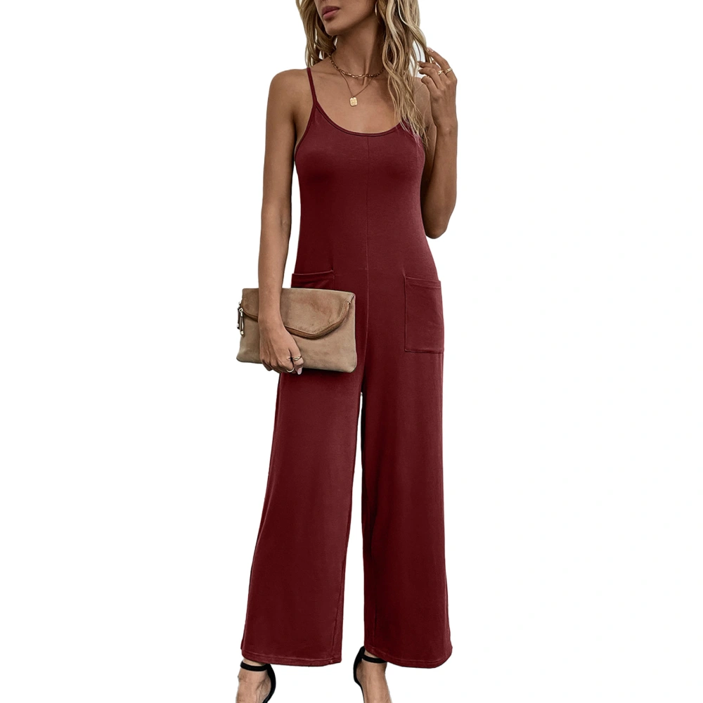 Sleeveless Casual Jumpsuit Solid Color Round Neck Straight Pants Back Lacing One Piece Outfits Suspender Romper with Two Pockets Red S