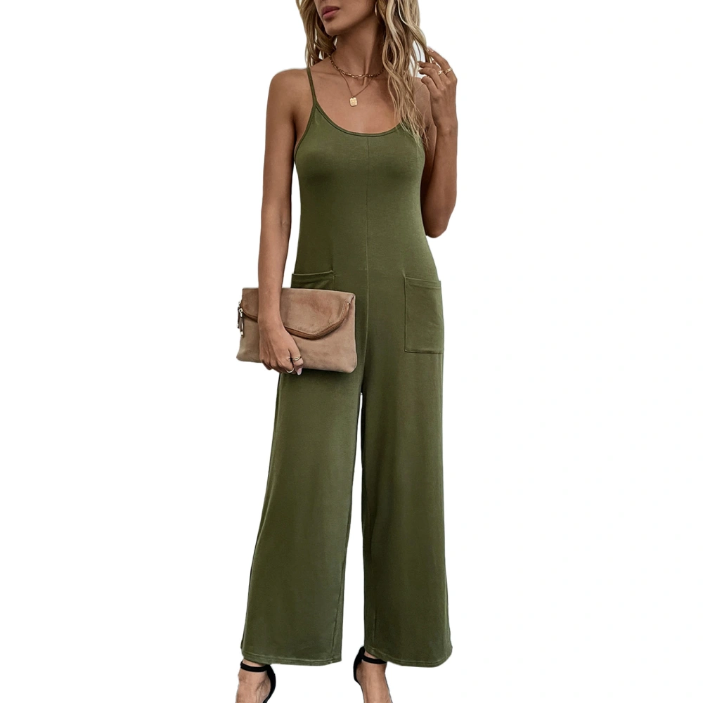 Sleeveless Casual Jumpsuit Solid Color Round Neck Straight Pants Back Lacing One Piece Outfits Suspender Romper with Two Pockets Green M